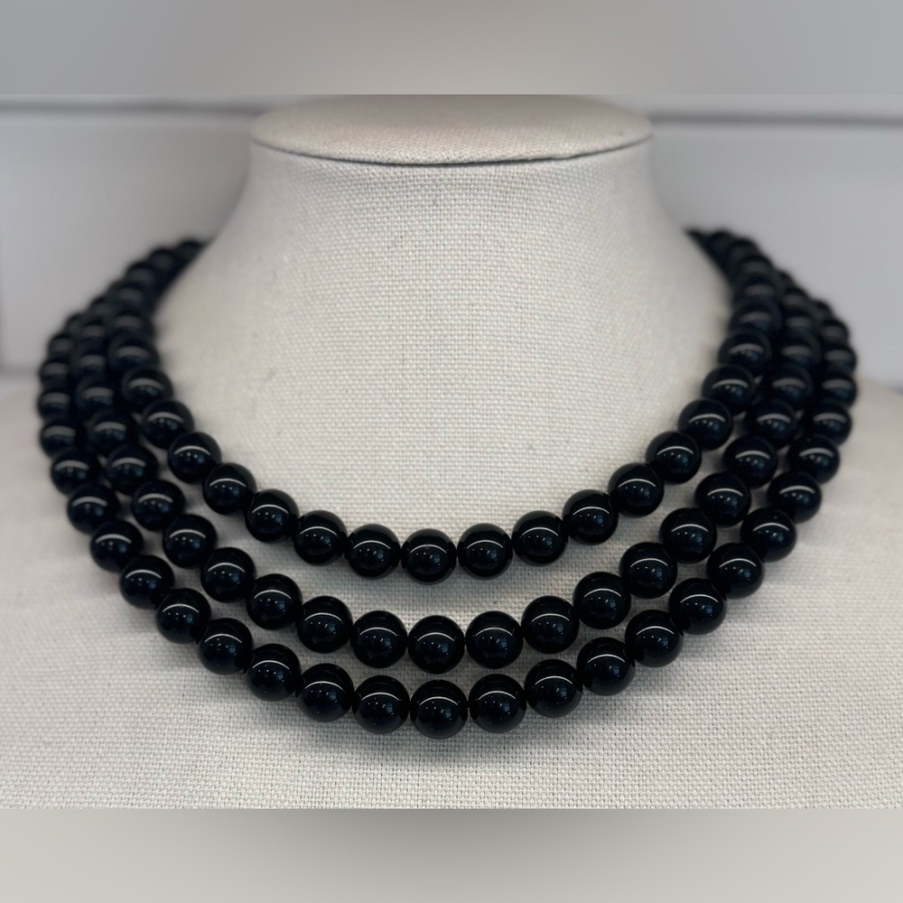 ✨ Classic MONET Triple Strand Black Beaded Necklace w/ Gold-Tone, Adjustable